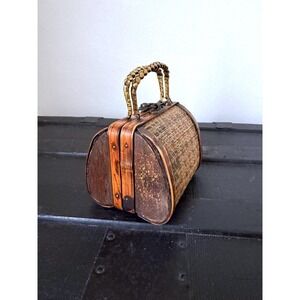 Vintage Woven Bamboo Wood Trinket Box Handbag‎ Barrel Mini Purse Natural Brown